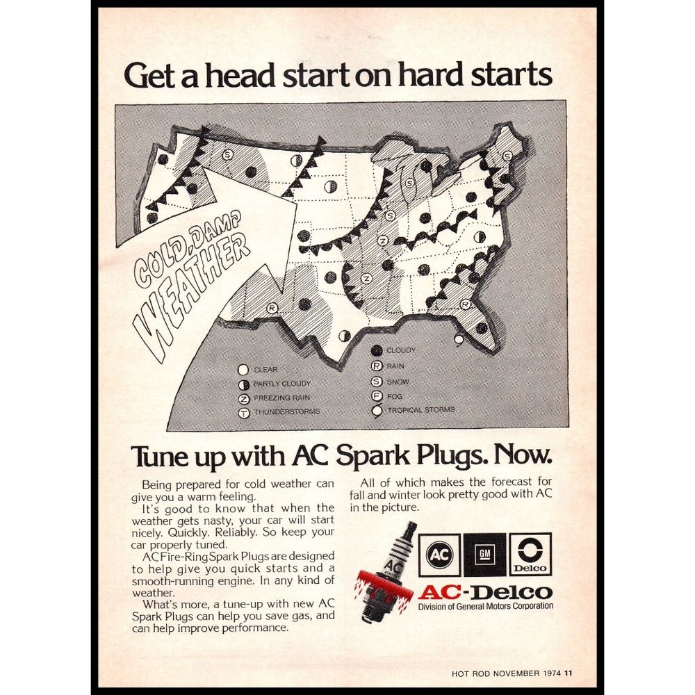 1974 AC Delco Spark Plugs Vintage Print Ad US Weather Map United States Wall Art